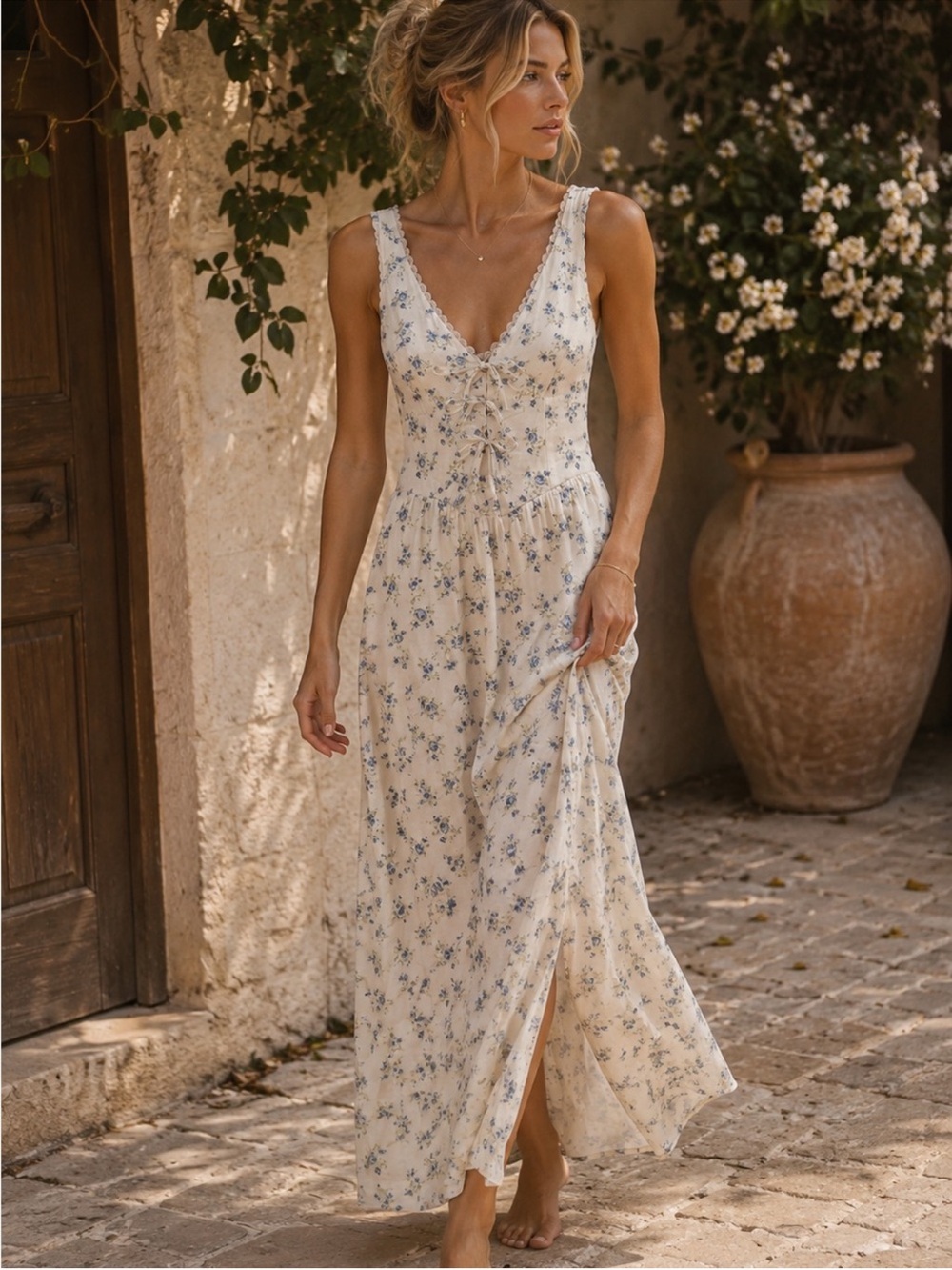 Blue Floral Lace Trim Bow Ivory White Maxi Dress M NWT